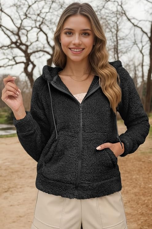 Womens Sherpa Faux Fur Jacket, Hooded Fleece Short Coat, Warm Winter Outerwear