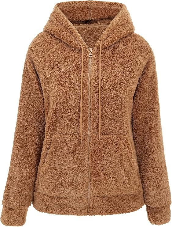 Womens Sherpa Faux Fur Jacket, Hooded Fleece Short Coat, Warm Winter Outerwear
