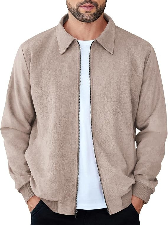 Mens Faux Suede Bomber Jacket - Lightweight Zip Up Fall Jacket