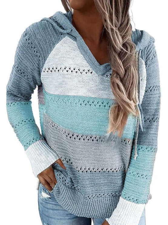 Womens Striped Crochet Sweater Hoodie, Long Sleeve Colorblock Lightweight Knit Pullover