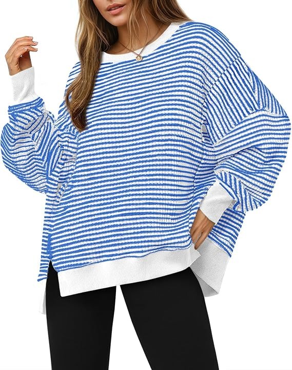 Womens Fall Oversized Sweatshirt, Casual Waffle Knit Long Sleeve Crewneck Split Pullover Tunic Tops