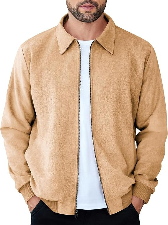 Mens Faux Suede Bomber Jacket - Lightweight Zip Up Fall Jacket