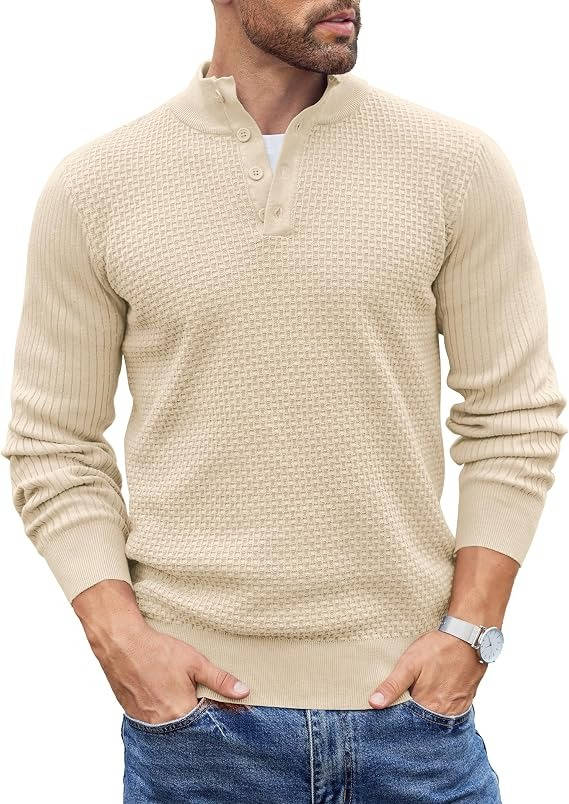 Mens Long Sleeve Henley Sweater, 4 Button Mock Neck Waffle Knit Pullover, Slim Fit Fall Winter Business Casual