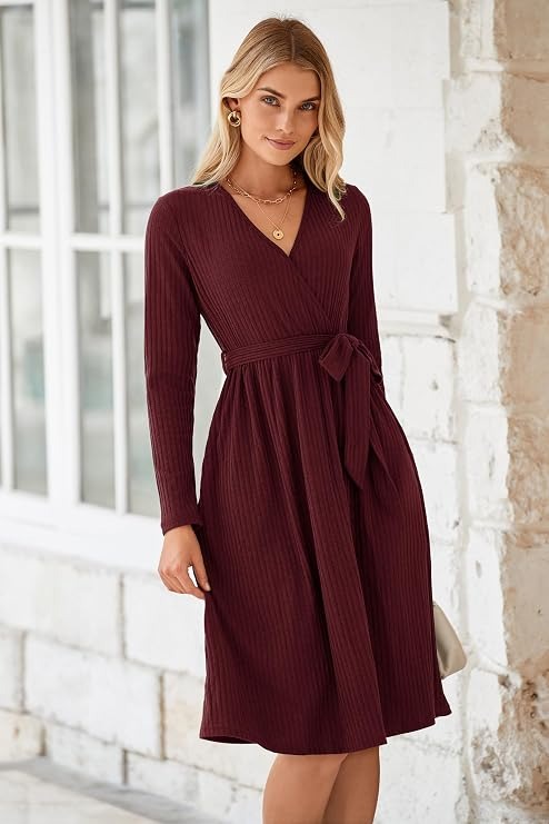 Women's Fall Work Dress, Teacher Church Business Casual Knit Midi Sweater Dress with Pockets and Belt 2026
