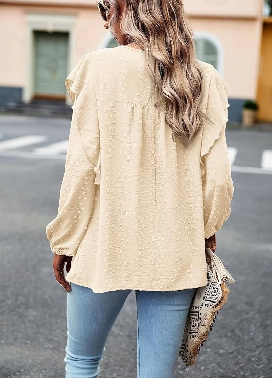 Women's Long Sleeve Shirts, Ruffle Swiss Dot Crochet Loose Fit Tunic, Dressy Casual Tops Blouse, Spring Fashion