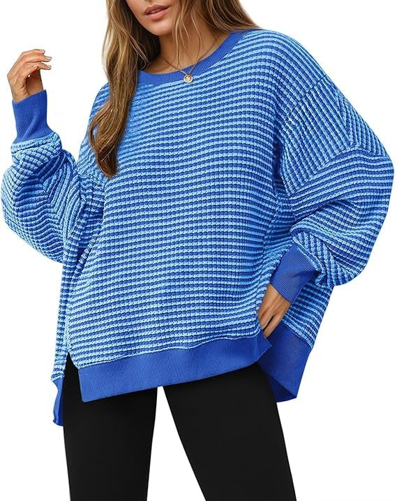 Womens Fall Oversized Sweatshirt, Casual Waffle Knit Long Sleeve Crewneck Split Pullover Tunic Tops