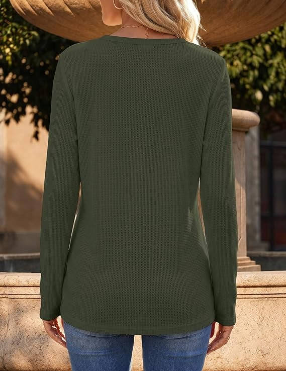 Women's Long Sleeve Waffle Knit Shirts, Dressy Casual Loose Button Up V Neck Tops, Fall Basic Tee Blouse