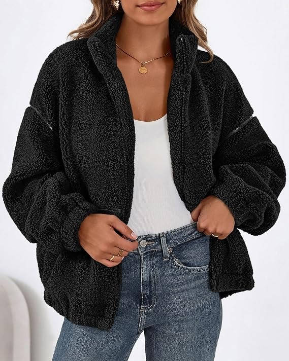 Womens Fleece Zip Up Jacket, Oversized Color Block Teddy Coat with Pockets, Warm Fall Winter Outerwear