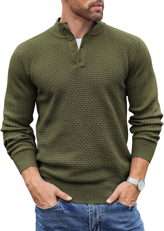 Mens Long Sleeve Henley Sweater, 4 Button Mock Neck Waffle Knit Pullover, Slim Fit Fall Winter Business Casual
