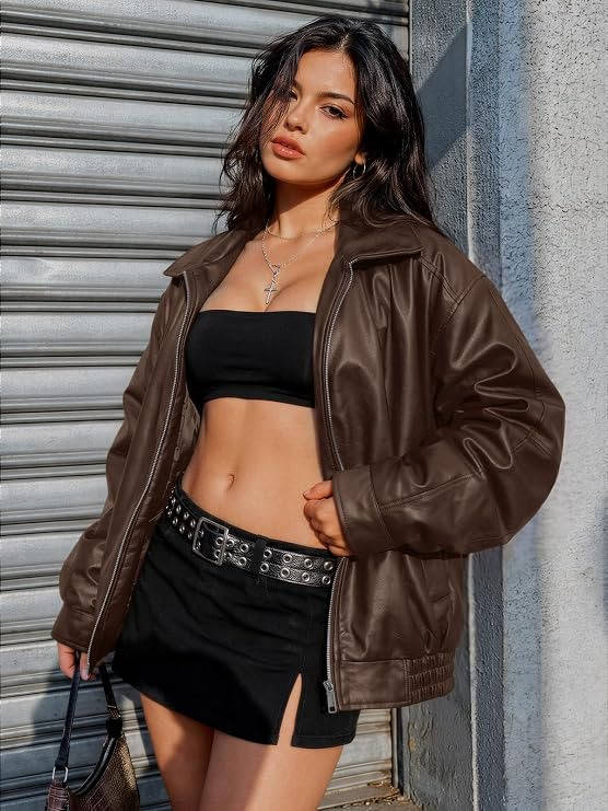 Womens Oversized Faux Leather Jacket, Boyfriend Biker Moto Coat, Medium Weight Fall Winter Outerwear