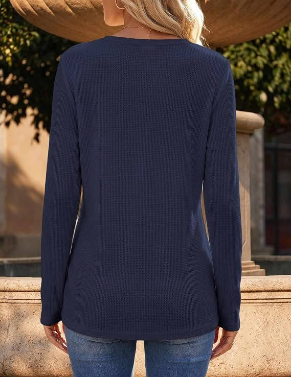 Women's Long Sleeve Waffle Knit Shirts, Dressy Casual Loose Button Up V Neck Tops, Fall Basic Tee Blouse