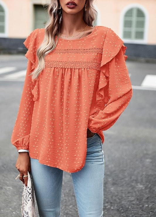 Women's Long Sleeve Shirts, Ruffle Swiss Dot Crochet Loose Fit Tunic, Dressy Casual Tops Blouse, Spring Fashion