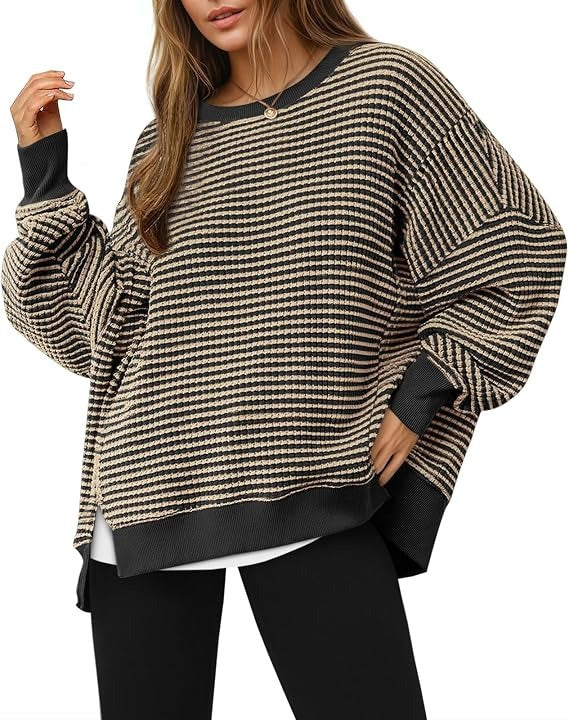 Womens Fall Oversized Sweatshirt, Casual Waffle Knit Long Sleeve Crewneck Split Pullover Tunic Tops