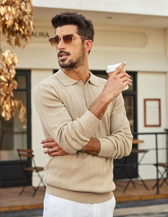 Mens Long Sleeve Knit Polo Shirt, 3 Button Lightweight Slim Fit Sweater, Casual Old Money Style