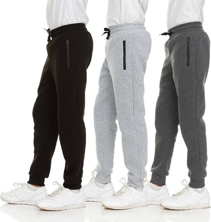 Boys Sweatpants 3 Pack, Fleece Joggers, Athletic Workout Pants with Zipper Pocket, Drawstring