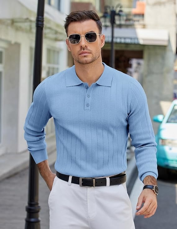 Mens Long Sleeve Knit Polo Shirt, 3 Button Lightweight Slim Fit Sweater, Casual Old Money Style