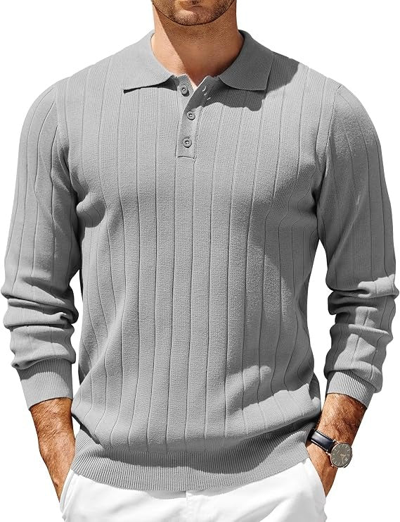 Mens Long Sleeve Knit Polo Shirt, 3 Button Lightweight Slim Fit Sweater, Casual Old Money Style