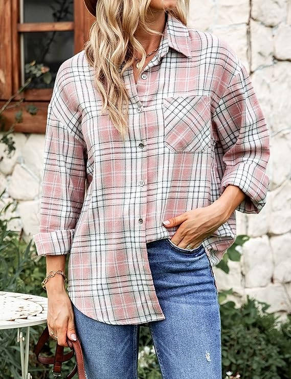Oversized Flannel Shirt for Women, Long Sleeve Plaid Button Down Buffalo Shirt Blouse Top with One Pocket