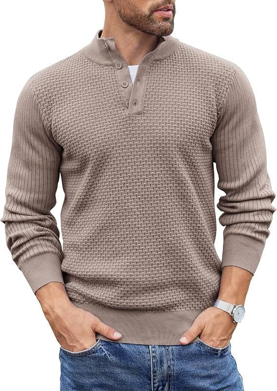 Mens Long Sleeve Henley Sweater, 4 Button Mock Neck Waffle Knit Pullover, Slim Fit Fall Winter Business Casual