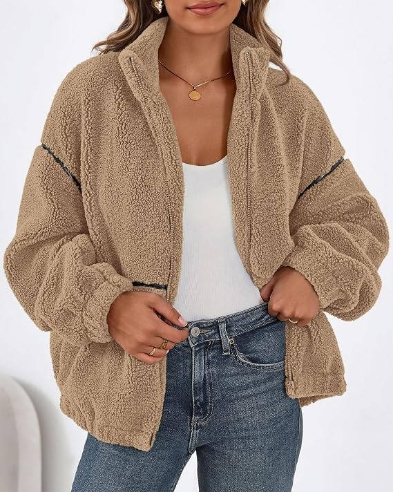 Womens Fleece Zip Up Jacket, Oversized Color Block Teddy Coat with Pockets, Warm Fall Winter Outerwear