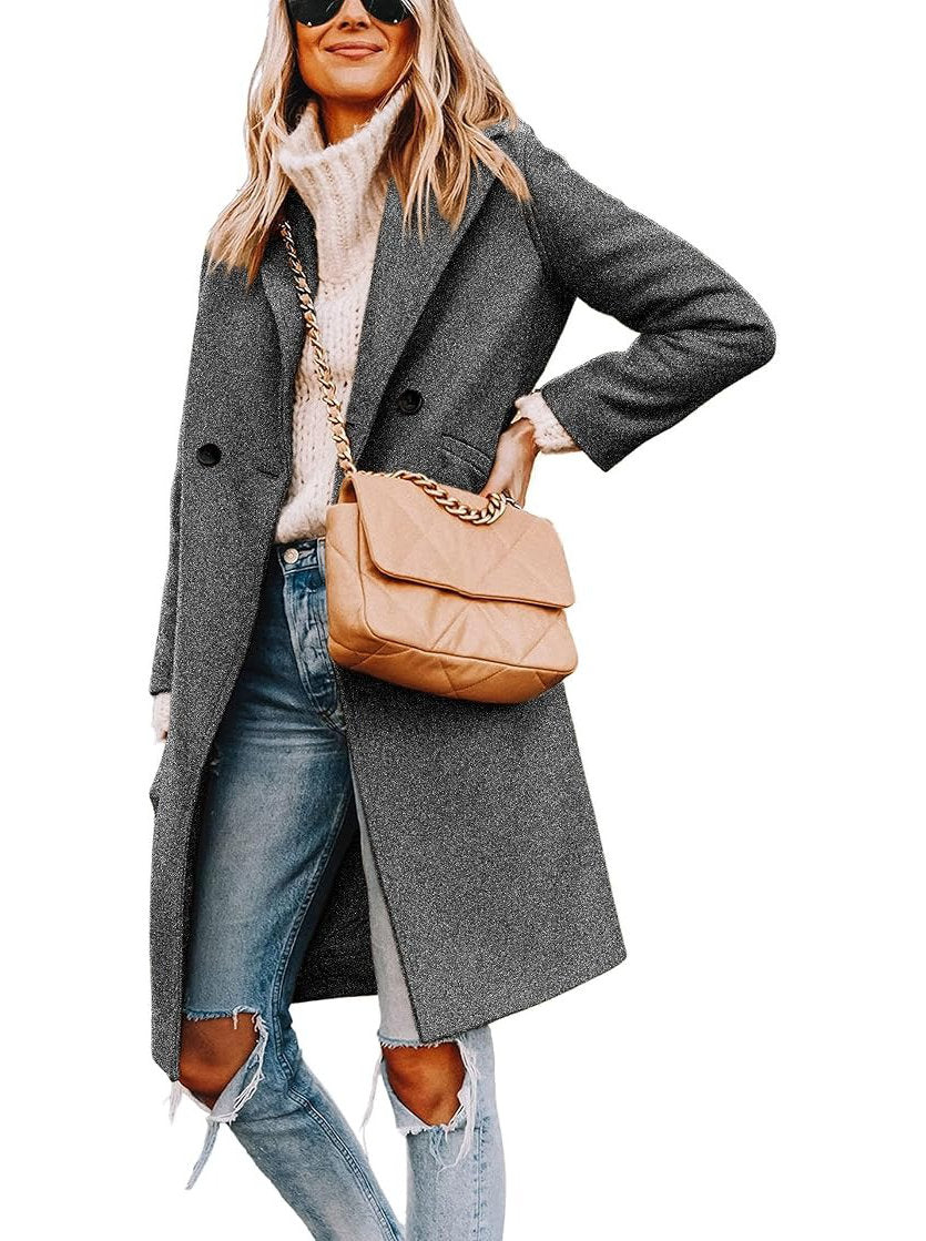 Womens Wool Peacoat, Double Breasted Coat with Notch Lapel