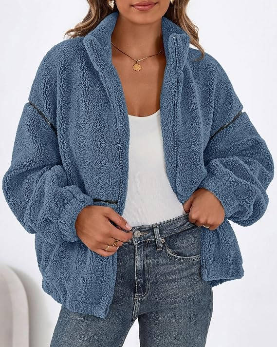 Womens Fleece Zip Up Jacket, Oversized Color Block Teddy Coat with Pockets, Warm Fall Winter Outerwear