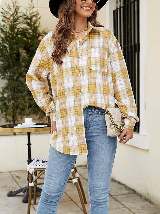 Women's Flannel Plaid Soft Flannel Button Down Shirt, Roll Up Long Sleeve Plaid Blouse