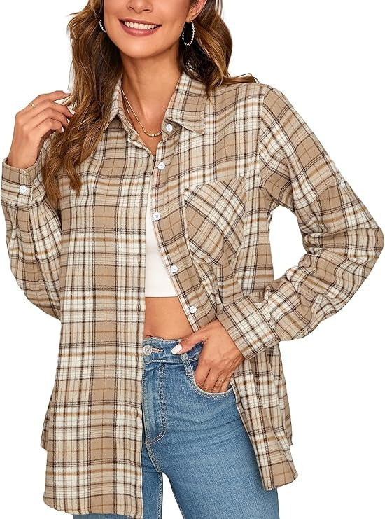 Flannel Shirt for Women, Plaid Western Cowgirl Button Down Shirt, Long Sleeve Oversized Casual Top