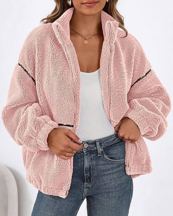 Womens Fleece Zip Up Jacket, Oversized Color Block Teddy Coat with Pockets, Warm Fall Winter Outerwear