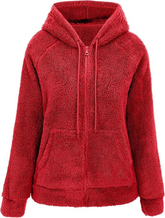 Womens Sherpa Faux Fur Jacket, Hooded Fleece Short Coat, Warm Winter Outerwear