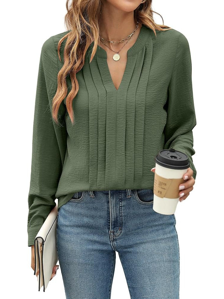 Womens Long Sleeve V-Neck Pleated Blouse - Business Casual Work Top