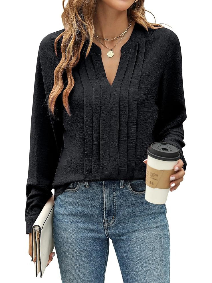 Womens Long Sleeve V-Neck Pleated Blouse - Business Casual Work Top