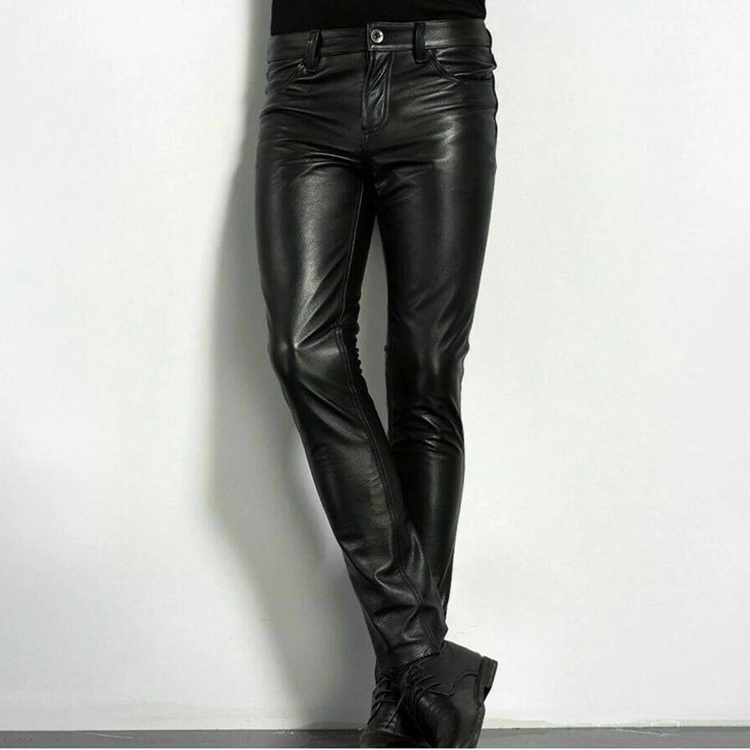 Mens Slim Fit Faux Leather Pants with Spandex Stretch and Ankle Length