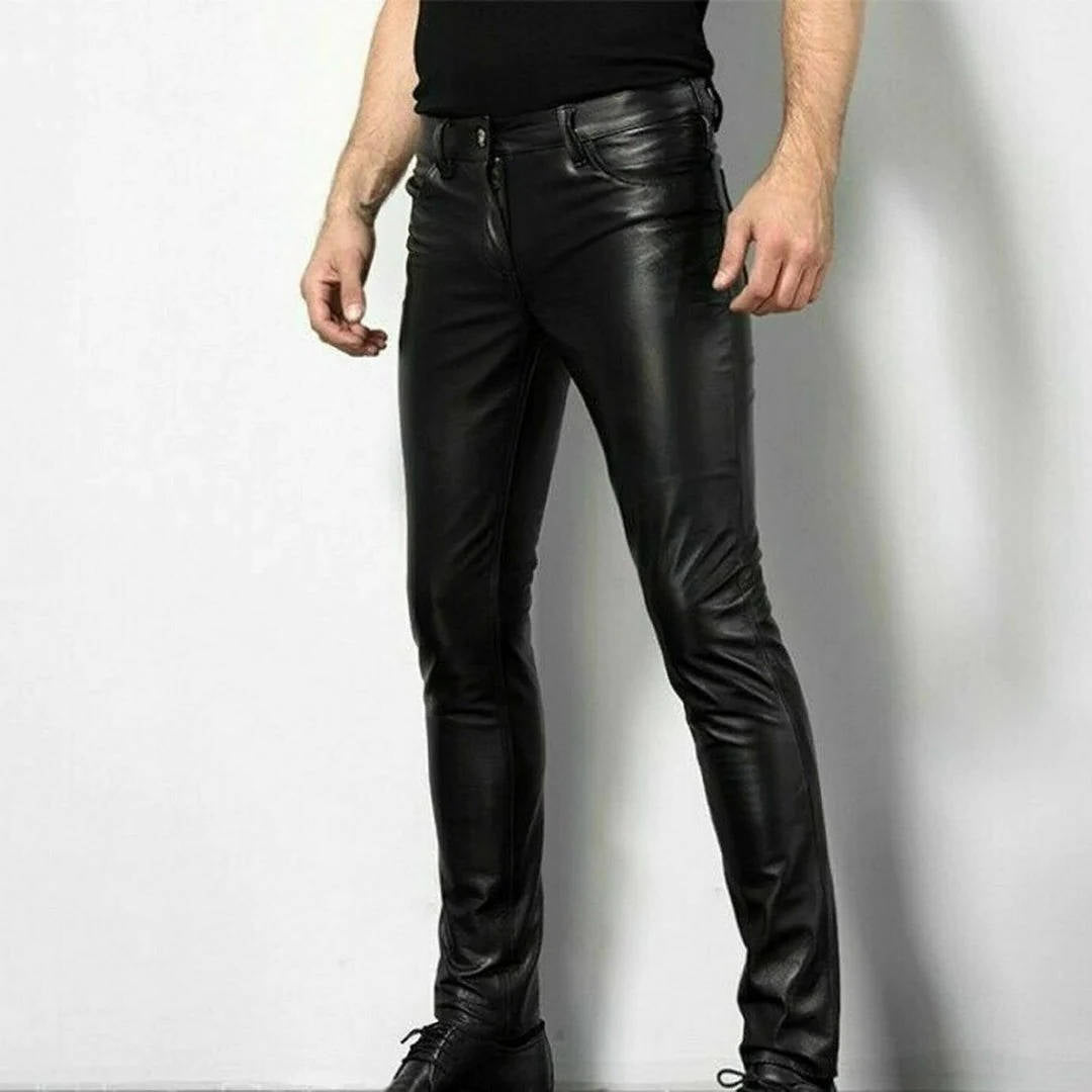 Mens Slim Fit Faux Leather Pants with Spandex Stretch and Ankle Length