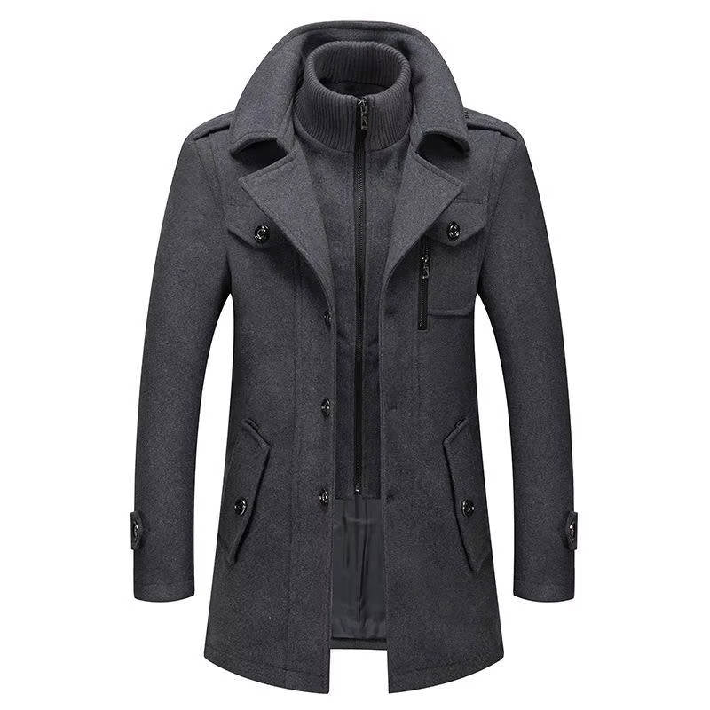 Men's Tweed Wool Coat, Korean Style Business Jacket, Double Neck, Front Zipper & Button Detail