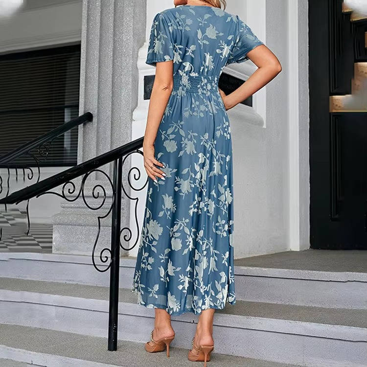 Womens Velvet Maxi Dress, V Neck Short Sleeve Empire Waist Long Formal Dress for Wedding Guests and Special Events