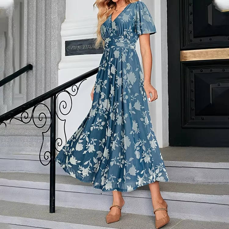 Womens Velvet Maxi Dress, V Neck Short Sleeve Empire Waist Long Formal Dress for Wedding Guests and Special Events