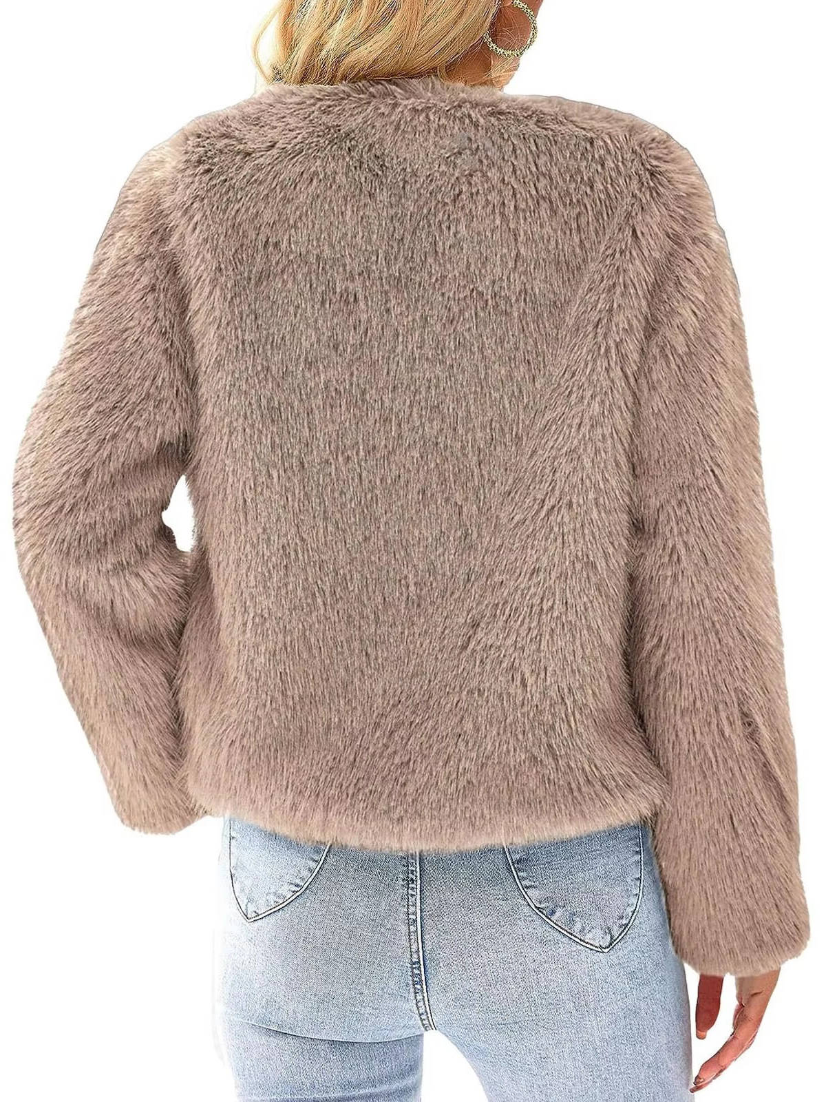 Womens Cropped Faux Fur Jacket, Fluffy Shaggy Long Sleeve Short Coat