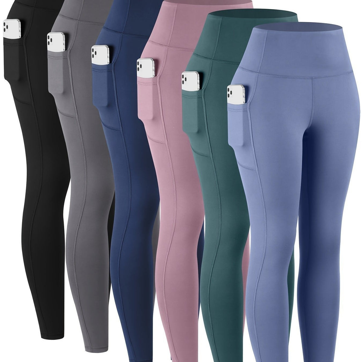 Womens Leggings with Pockets, 6 Pack Soft High Waisted Tummy Control Workout Yoga Pants