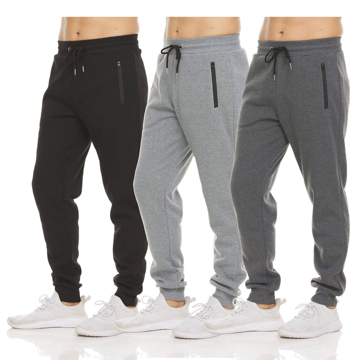 Mens Sweatpants 3 Pack, Fleece Athletic Joggers, Workout Pants with Zipper Pockets