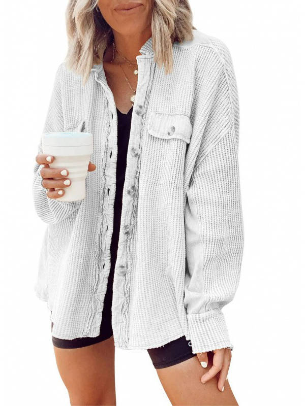 Oversized Waffle Knit Shirt Women Fall Shacket, Corduroy Long Sleeve Button Down Shirt Jacket