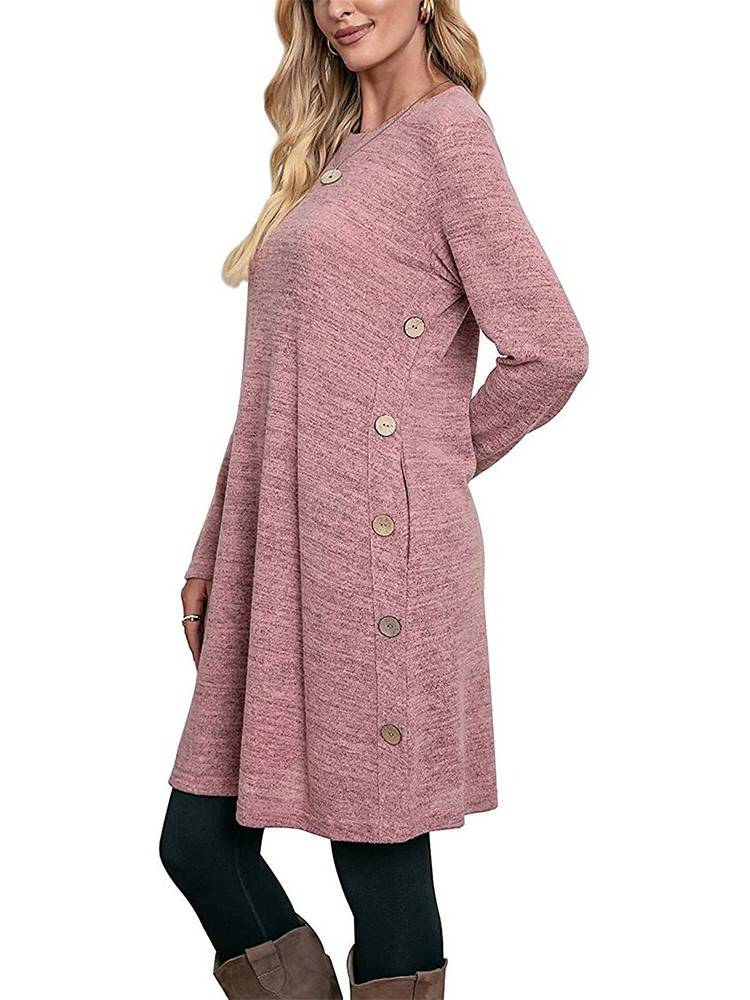 Womens Fall Dress, Crew Neck Long Sleeve Dress, Casual Midi Dress with Pockets