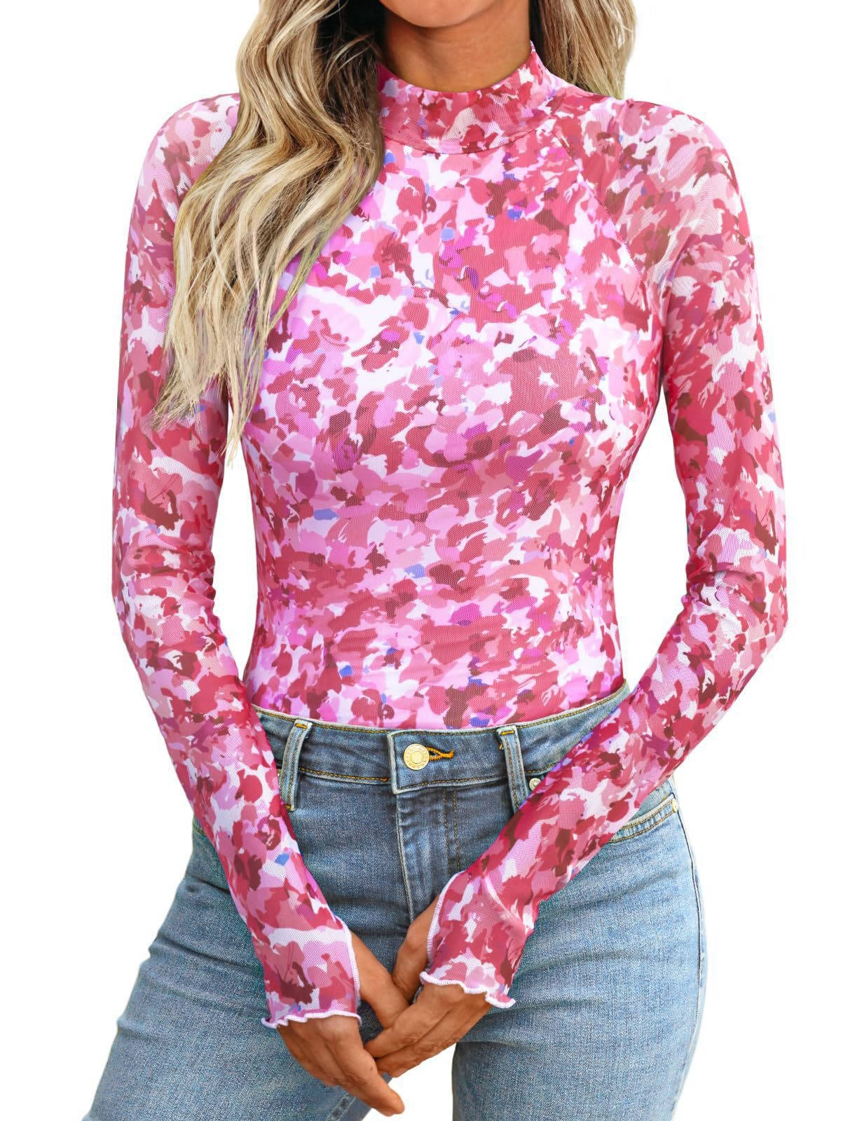 Women's Lace Sheer Floral Mesh Tops, Slim Fitted Lightweight Going Out Top, Fashion Fall Outfits with Thumb Holes