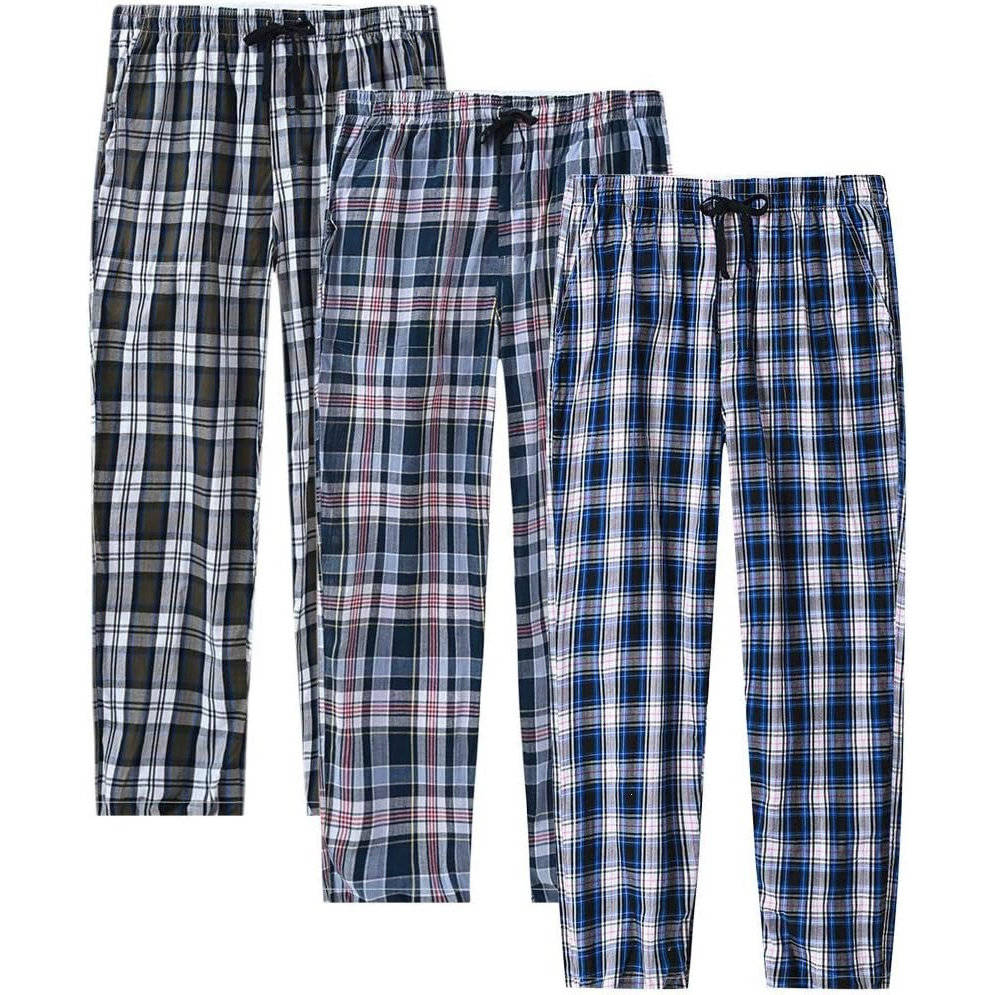 3 Pack Men's Pajama Pants, Lightweight Cotton Plaid Lounge Pants, Pockets and Button Fly
