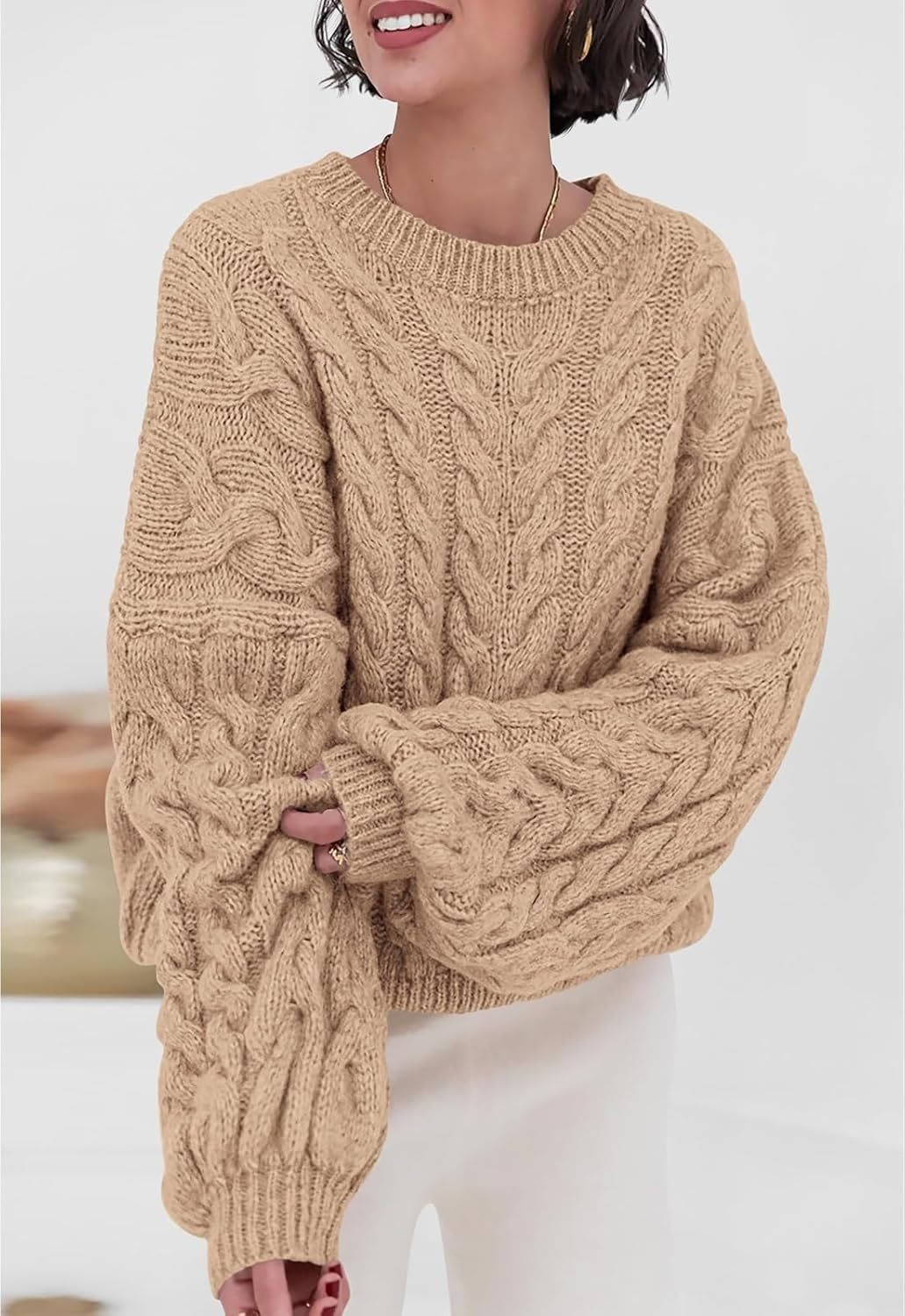 Womens Sweaters, Fall 2026 Cable Knit Long Sleeve Crewneck Oversized Chunky Pullover