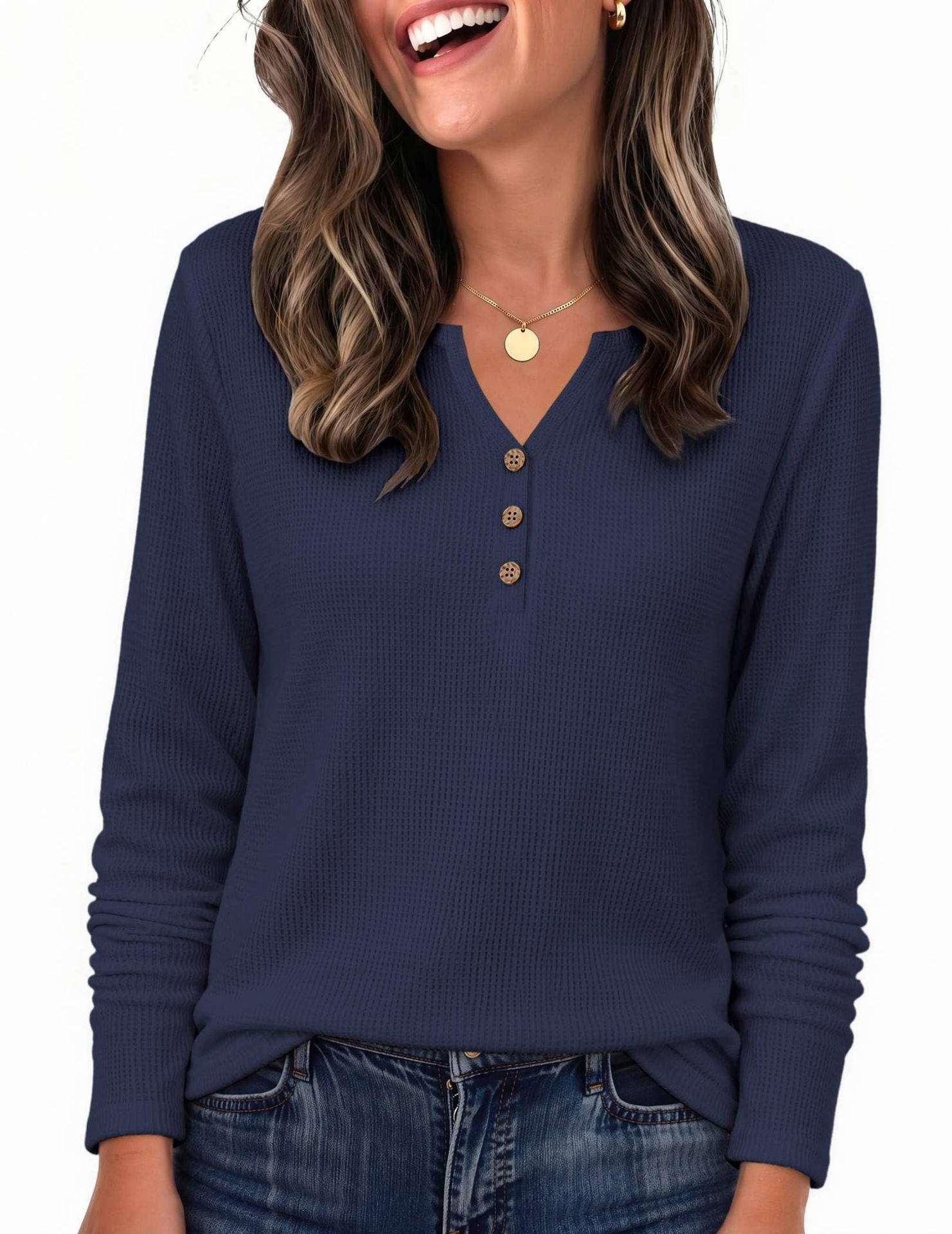 Women's Long Sleeve Waffle Knit Shirts, Dressy Casual Loose Button Up V Neck Tops, Fall Basic Tee Blouse