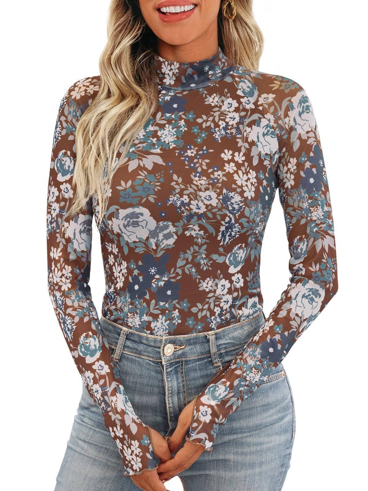 Women's Lace Sheer Floral Mesh Tops, Slim Fitted Lightweight Going Out Top, Fashion Fall Outfits with Thumb Holes