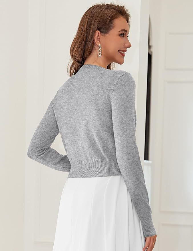 Cropped Cardigan Bolero Shrug for Women, Button Down Long Sleeve Knit Sweater for Dresses and Jeans