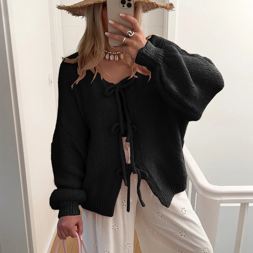 Womens Tie Front Bow Cardigan Sweater, Cozy Chunky Knit Long Puff Sleeve Open Front Sweater Jacket