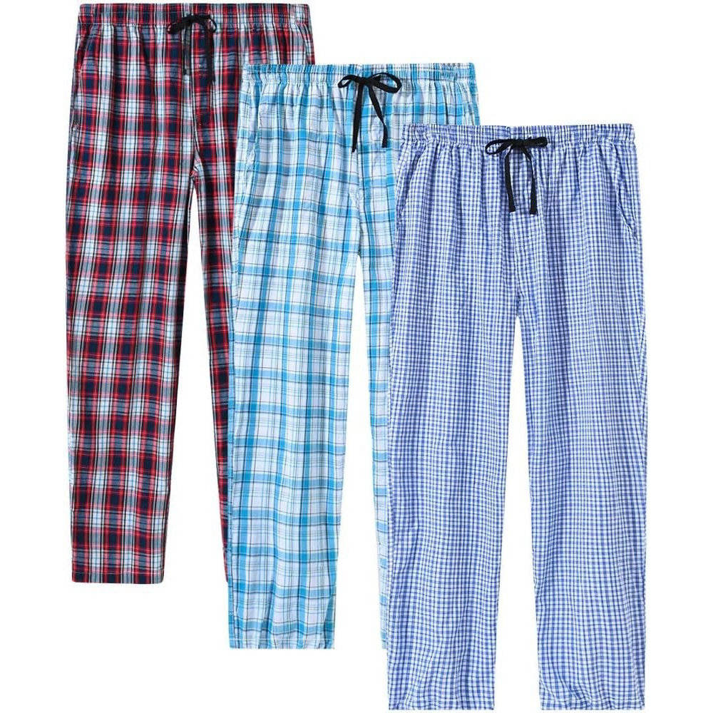 3 Pack Men's Pajama Pants, Lightweight Cotton Plaid Lounge Pants, Pockets and Button Fly